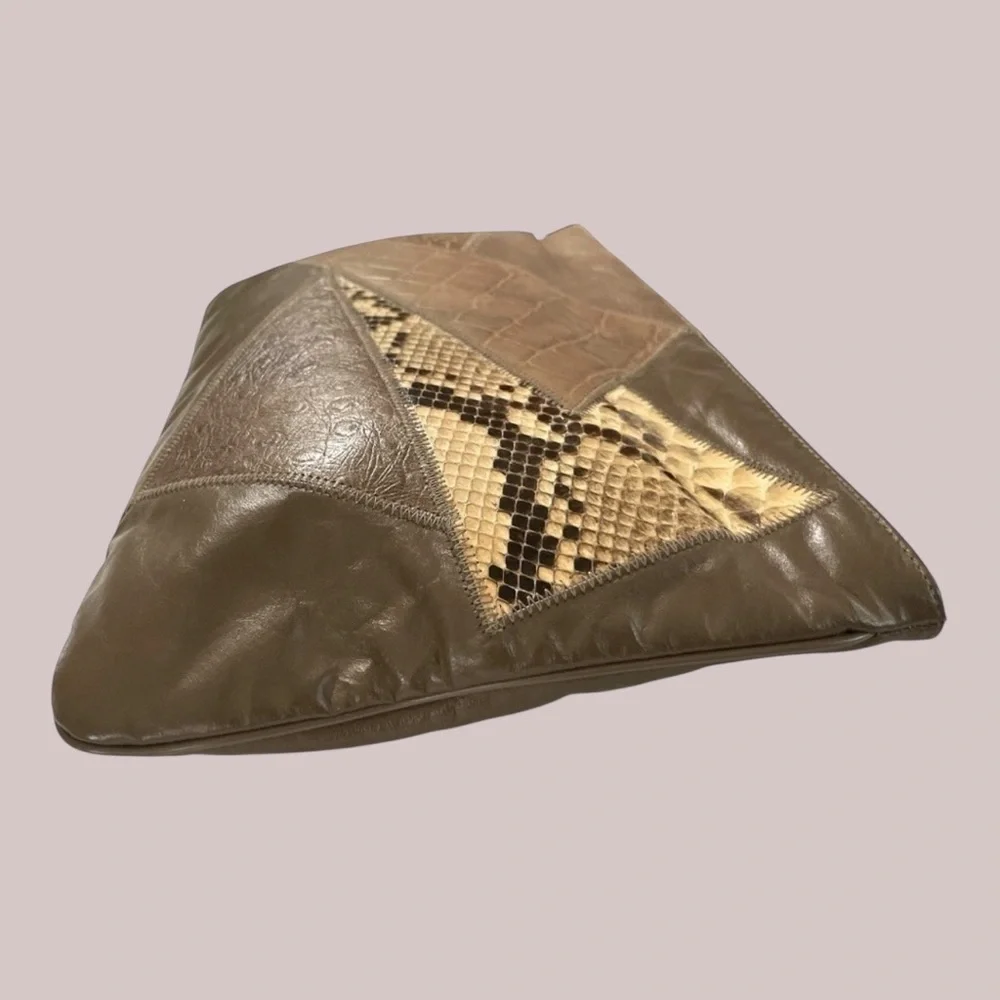 Vintage Margolm Leather Patchwork Clutch Snakeskin 1980s Neutral